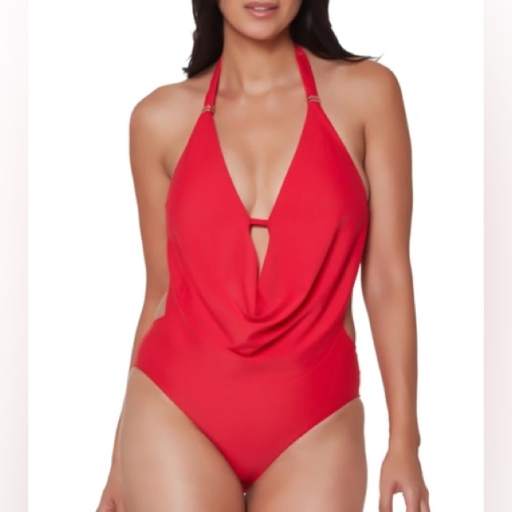 BAR III women’s Solid Cowlneck One-Piece Swimsuit in paradise pink red size M